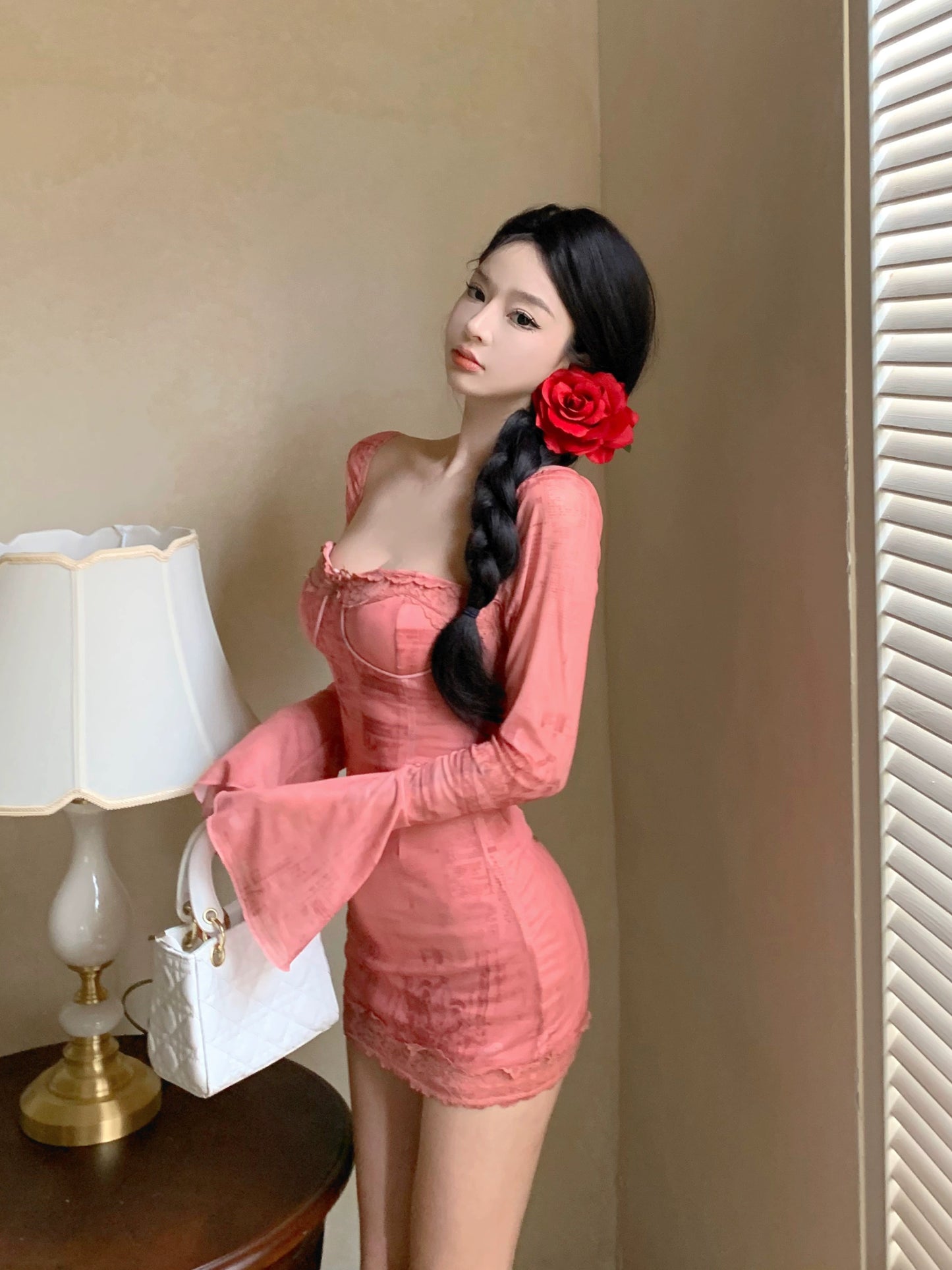 Caroline Long Sleeve Mesh Mini Dress