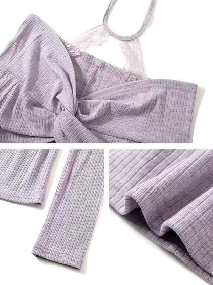 Lavender Off-Shoulder Twist Top with Lace Halter Detail