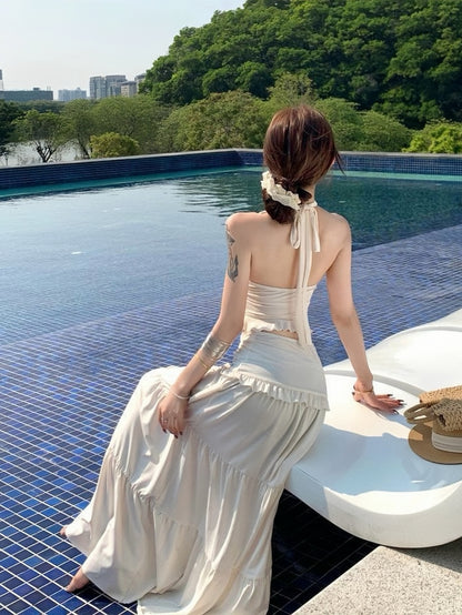 Ivory Mirage 3-Piece Bikini Set – Halter Top, Bikini Bottom & Maxi Skirt