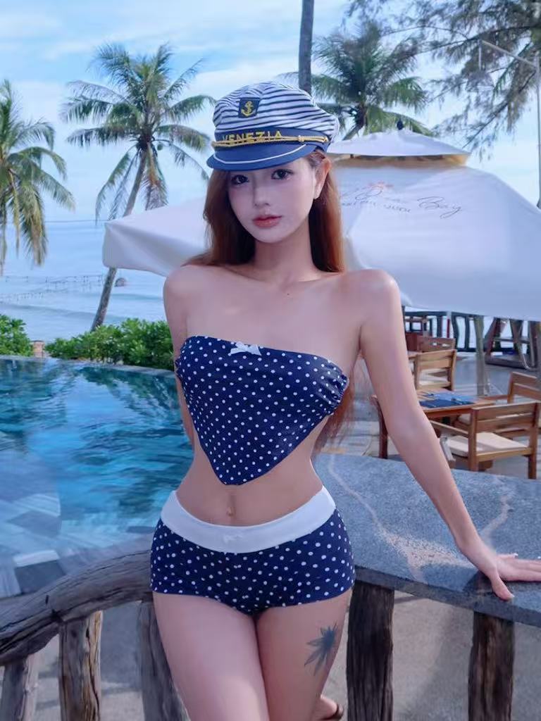Navy Polka Dot Scarf Bandeau Bikini Set with Sailor Hat