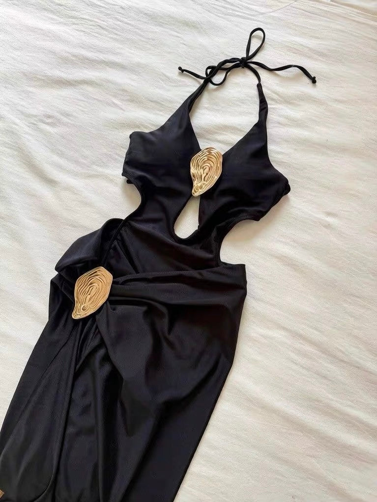 Golden Mirage One-Piece Swimsuit with Skirt