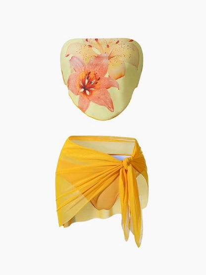 Tropical Summer Yellow 3-Piece Bikini Set – Floral Scarf Top, Bikini Bottom & Sheer Sarong