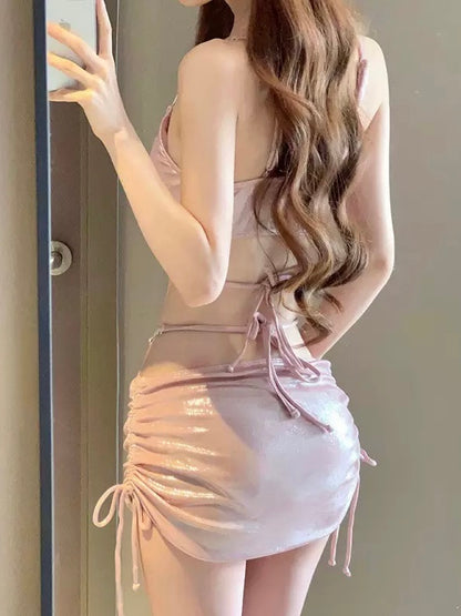 Roseanne Pink 3-Piece Bikini Set — Diamanté Embellishment & Skirt