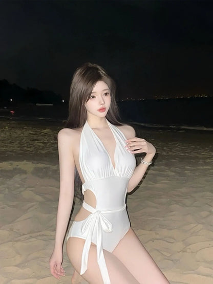 Elegant White Halter Cutout One-Piece Swimsuit and Sarong