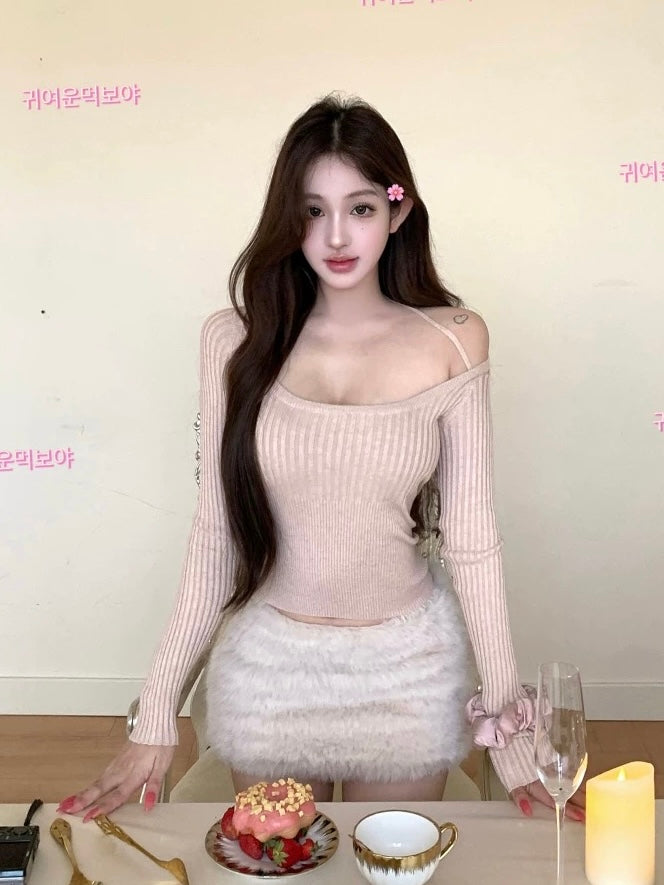 Soft Blush Knit Top and Faux Fur Skirt