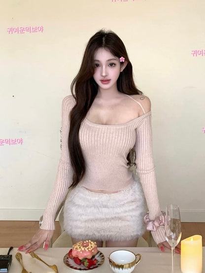 Soft Blush Knit Top and Faux Fur Skirt