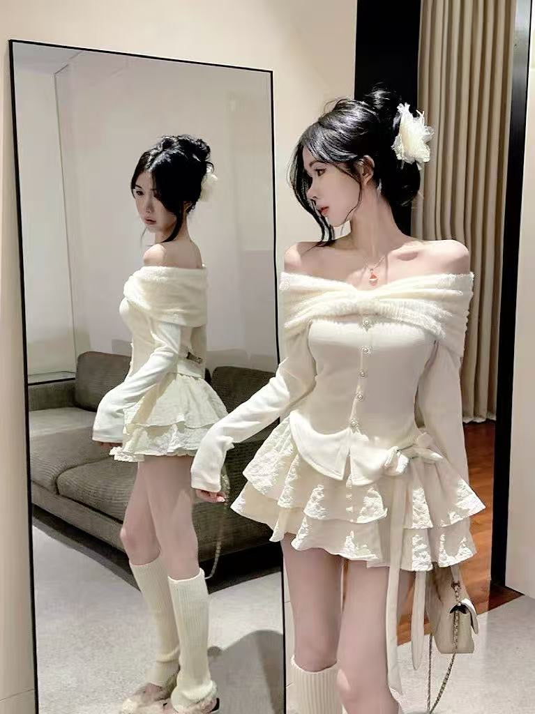 Ivory Off-Shoulder Top and Skirt Set