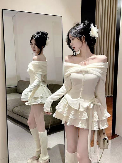 Ivory Off-Shoulder Top and Skirt Set