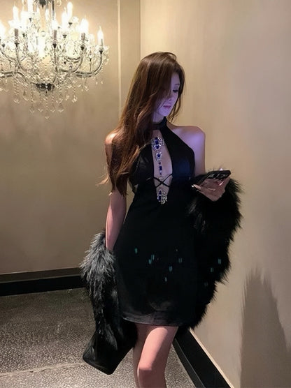 Midnight Fairytale Mini Dress with Blue Diamanté Gold Body Chain