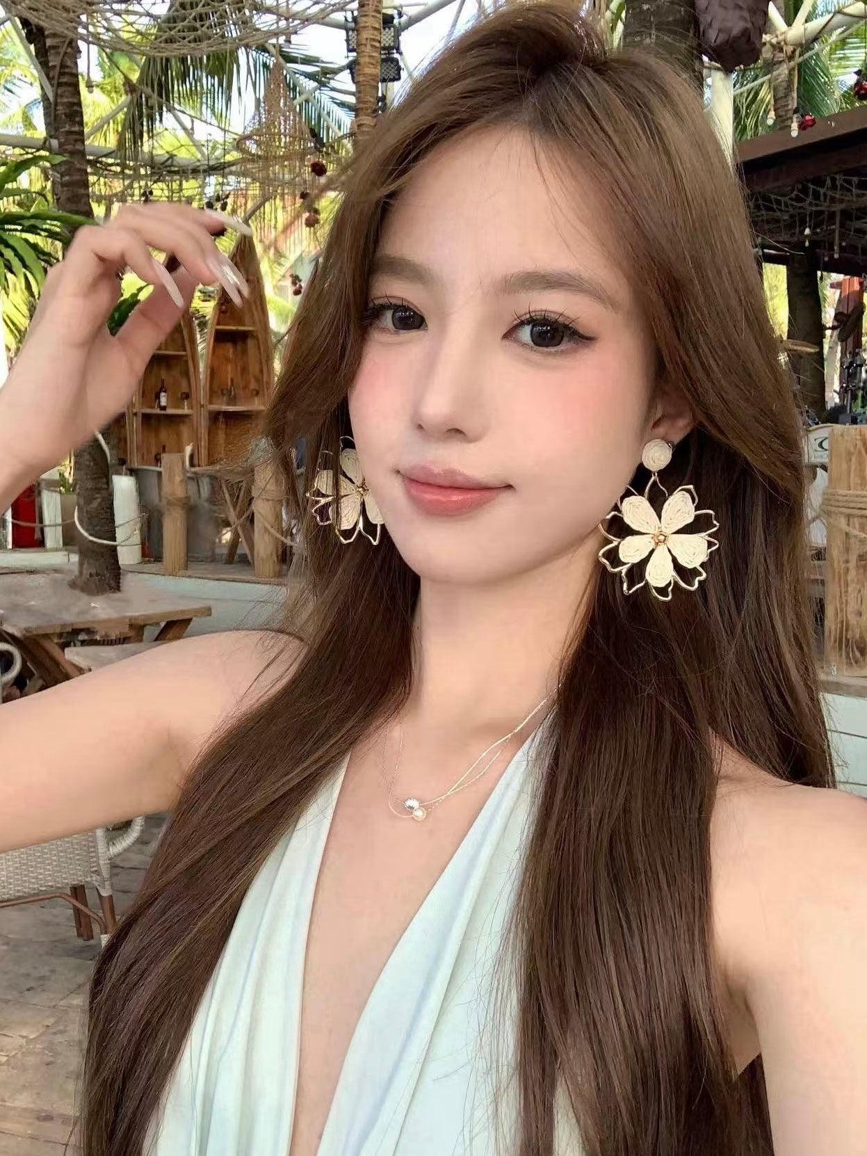 Ivory Bloom Gold-Frame Floral Drop Earrings