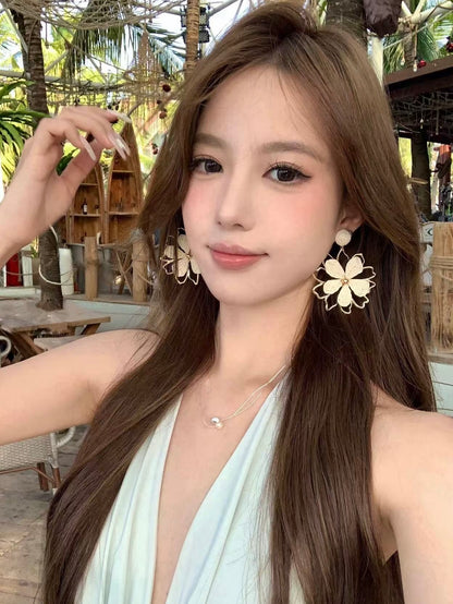 Ivory Bloom Gold-Frame Floral Drop Earrings