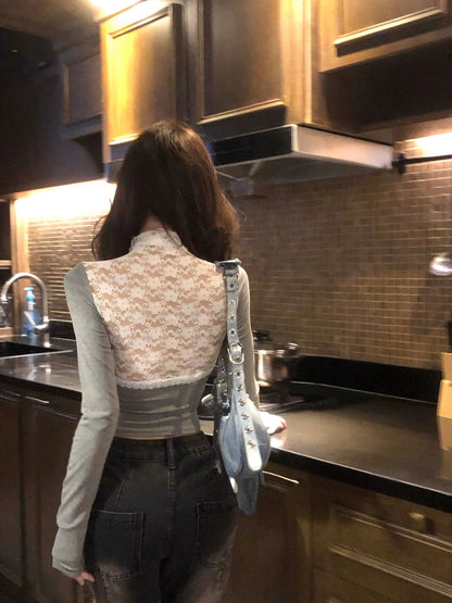 Lace Bow Symphony Long Sleeve Top - Grey