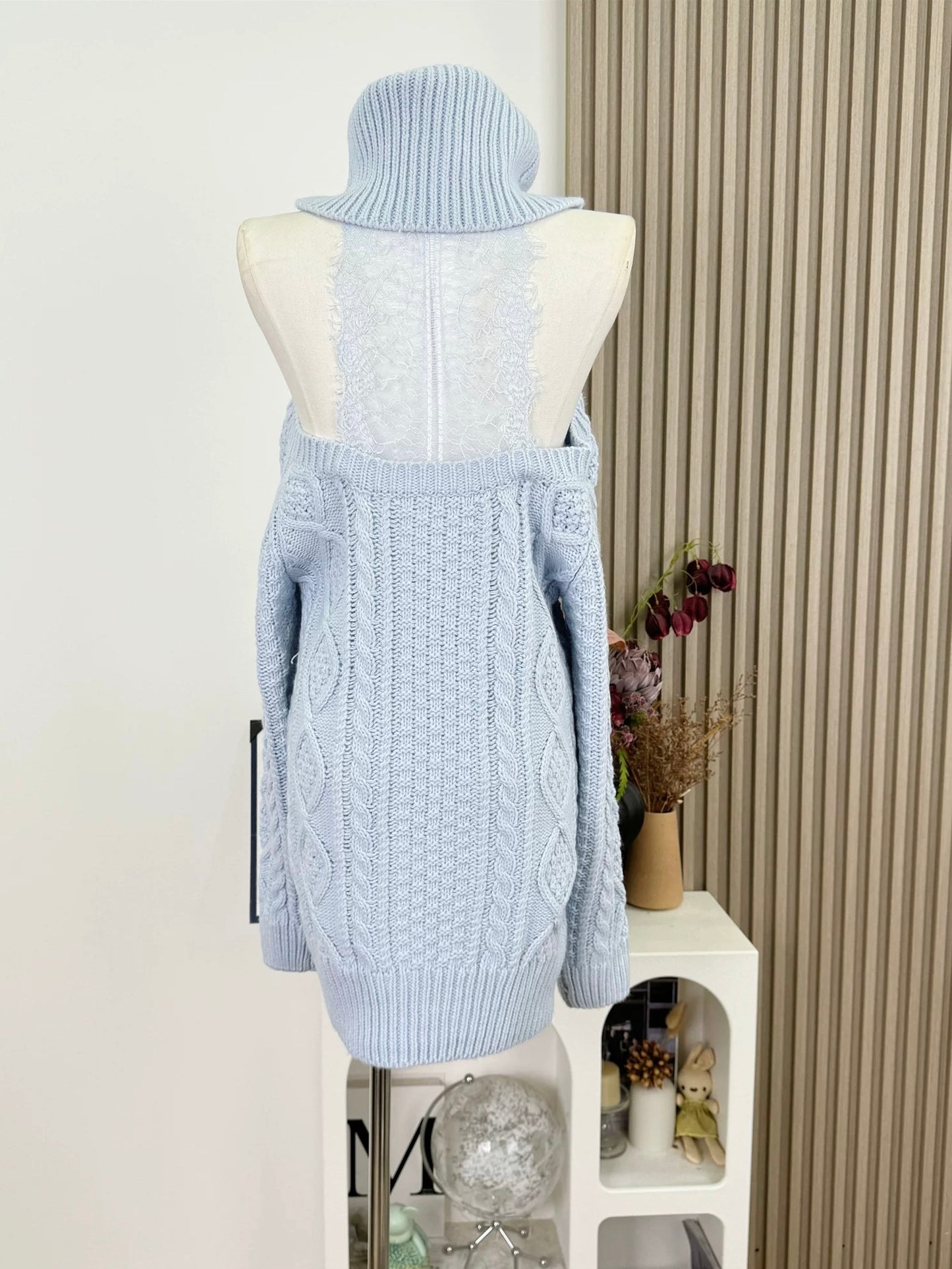 Sky Blue Cable Turtleneck Knit Sweater