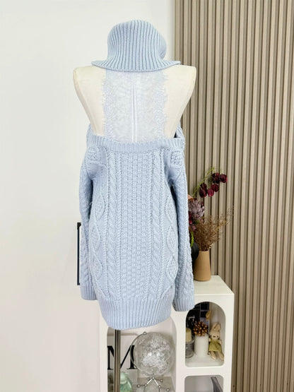 Sky Blue Cable Turtleneck Knit Sweater