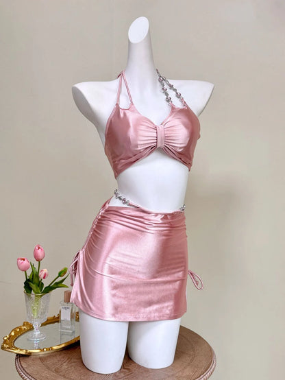 Enchanted Pink 3-Piece Bikini Set — Satin with Diamanté & Skirt