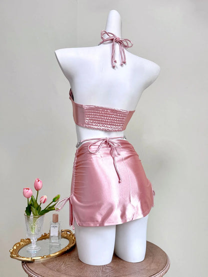 Enchanted Pink 3-Piece Bikini Set — Satin with Diamanté & Skirt