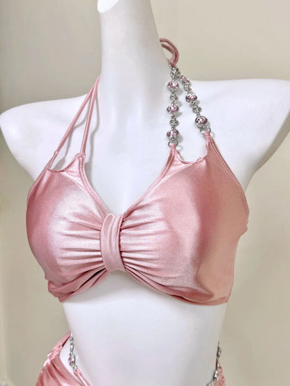 Enchanted Pink 3-Piece Bikini Set — Satin with Diamanté & Skirt