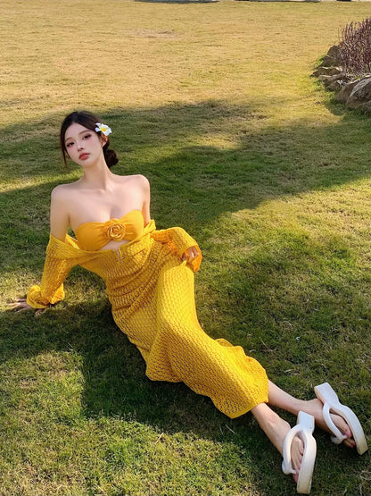 Sunbeam Floral Yellow 3-Piece Bikini Set With Crochet Cover-Up