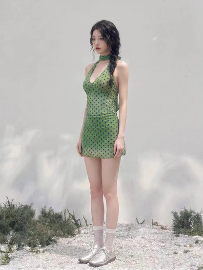 Olive Polka Dot One-Piece Swimsuit with Scarf
