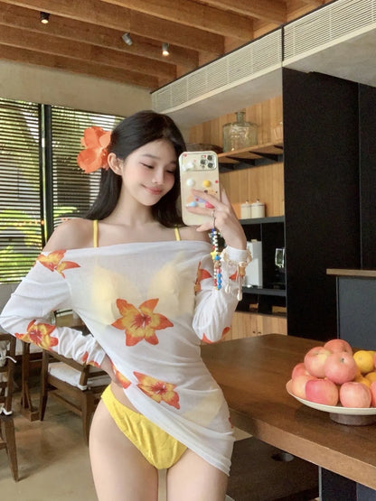 LIMITED💛Hibiscus Yellow 3-Piece Bikini Set - Underwire Towelling & Sheer Floral Mesh Tunic