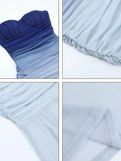 Mermaid Gradient Blue Padded Mesh Maxi Dress