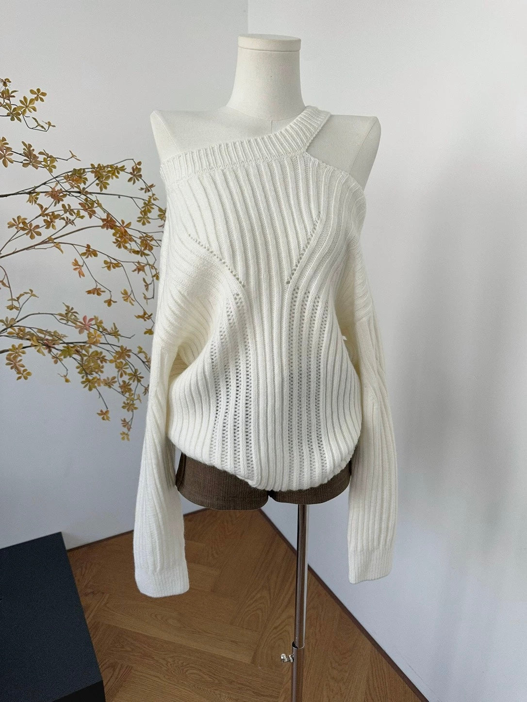 White Asymmetric Cut-Out Knit Sweater