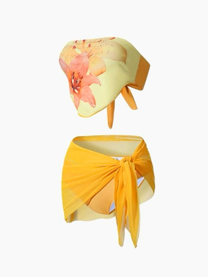 Tropical Summer Yellow 3-Piece Bikini Set – Floral Scarf Top, Bikini Bottom & Sheer Sarong