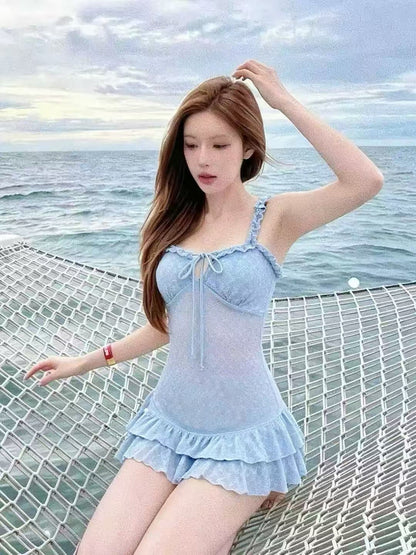 Lilibelle Blue Lace Ruffle Swimsuit Set