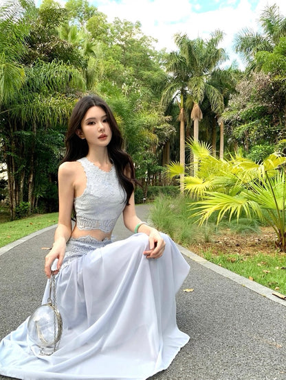 Blue Lace Cami Top + Maxi Skirt Set
