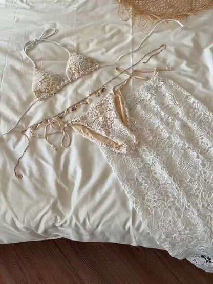 Ivory Lace Resort Set - 3 Piece Bikini Set with Pearl Waist Chain
