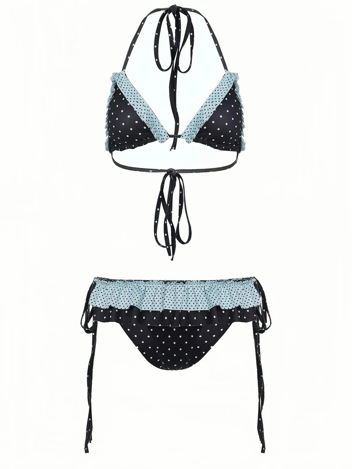 Black Polka Dot Bikini Set With Blue Ruffles