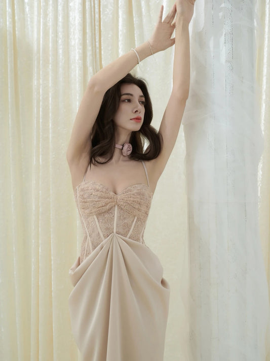 Crow Crew Lotus Pink Lace Corset Ruched Maxi Dress