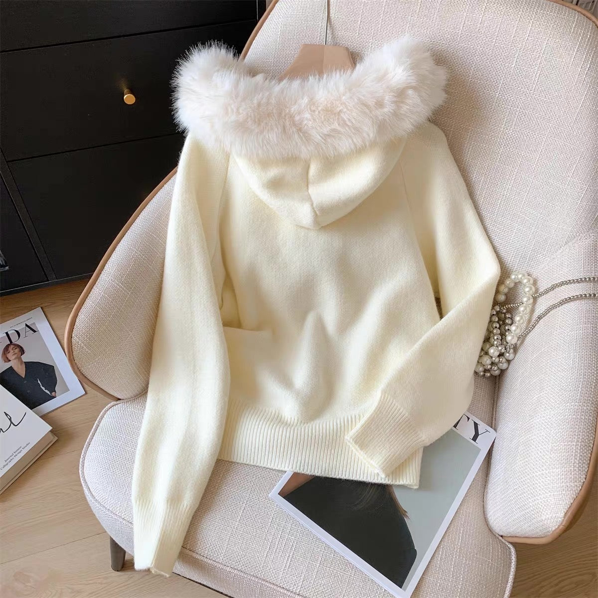 Snowy White Knit Zip-Up Jacket With Detachable Faux Fur