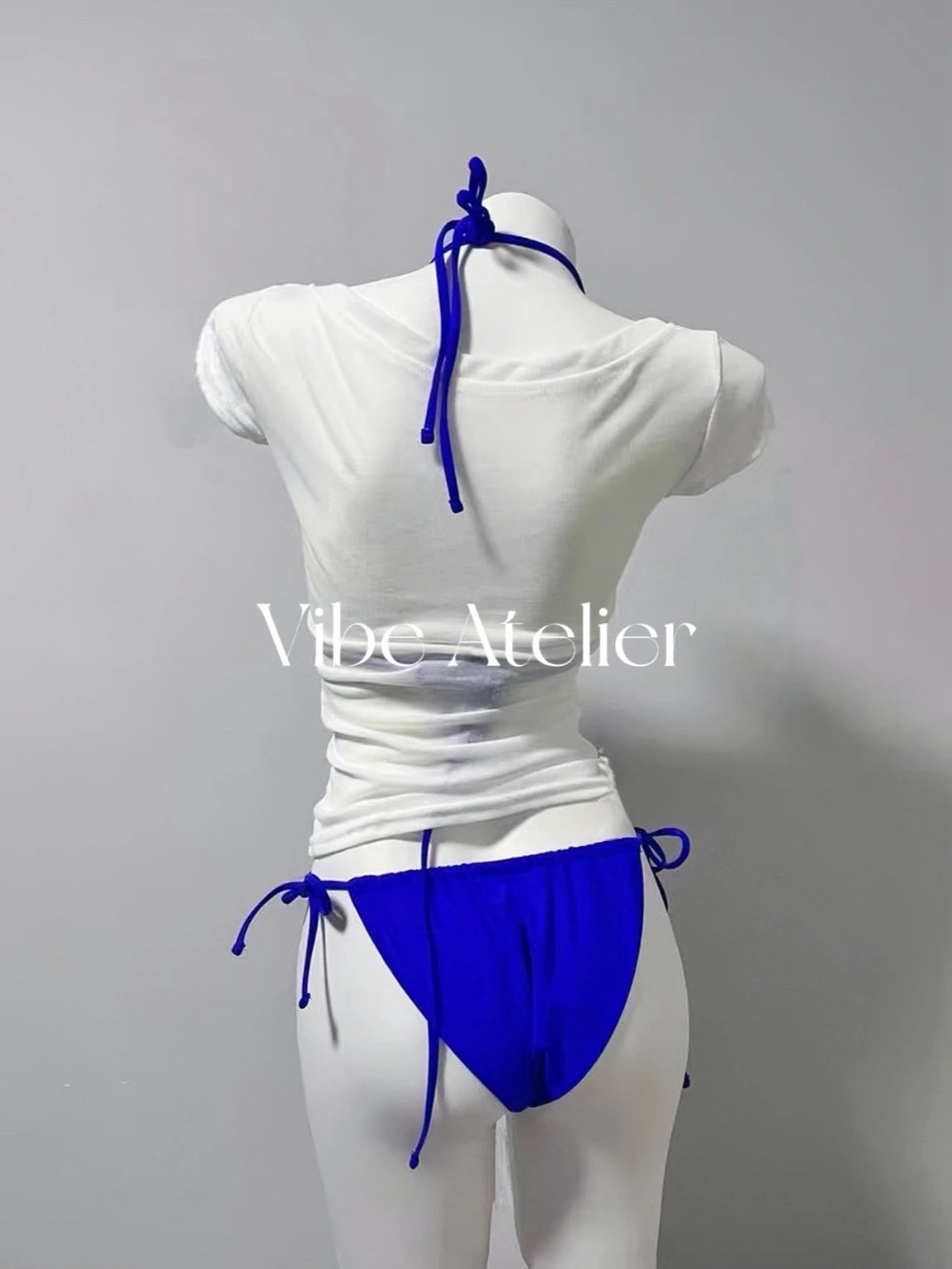Klein Blue Triangle Bikini Set with Mesh Cropped Tee