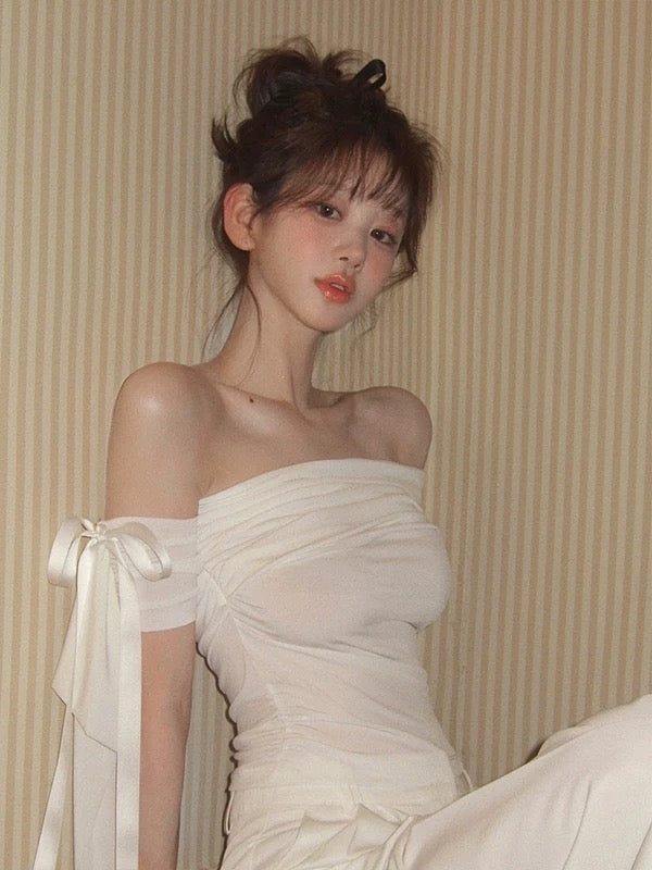 White Bowknot Tie Off-Shoulder Top