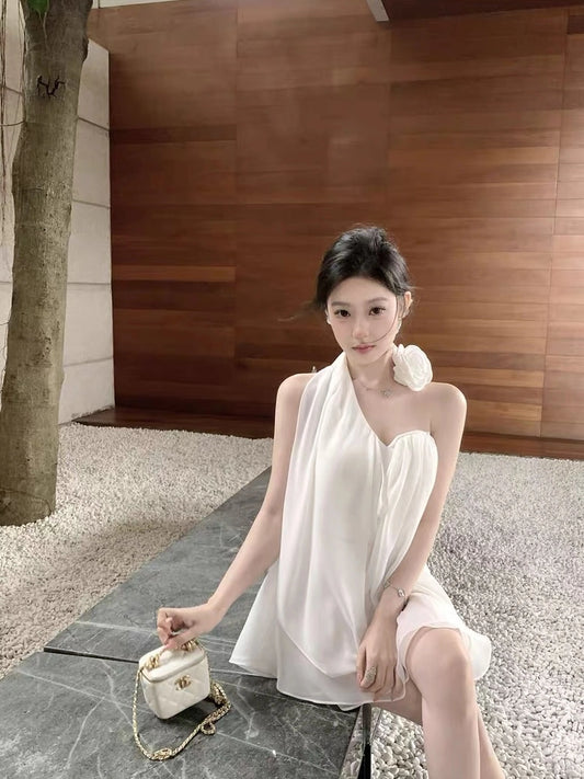 White Rosette Drape Set – Padded Halter Top with Skirt