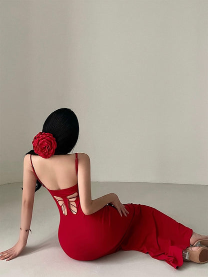 Butterfly Cut Out Knit Maxi Dress - Red