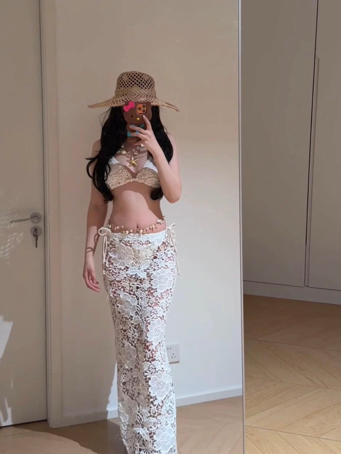 Ivory Lace Resort Set - 3 Piece Bikini Set with Pearl Waist Chain