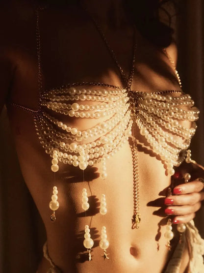 HANDMADE✨Opulent Golden Faux Pearl Body Chain Bra Top