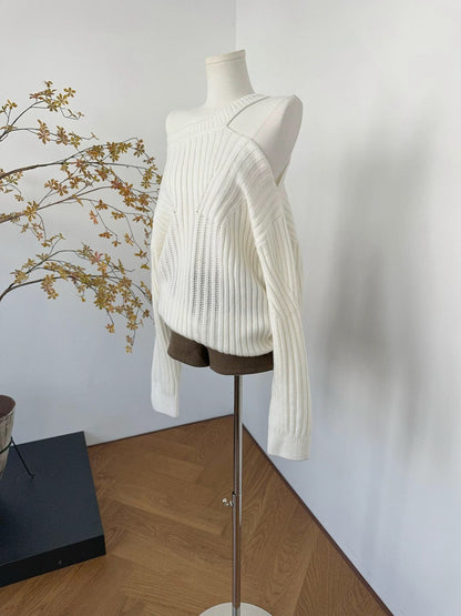 White Asymmetric Cut-Out Knit Sweater