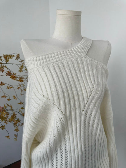 White Asymmetric Cut-Out Knit Sweater
