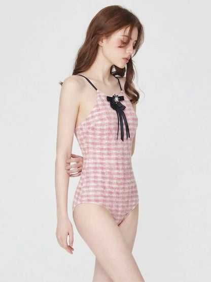 Pink Gingham Tweed One-Piece Swimsuit