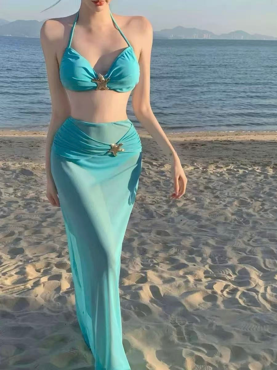 Aquamarine Halter Bikini Set with Mesh Maxi Skirt (3-Piece)