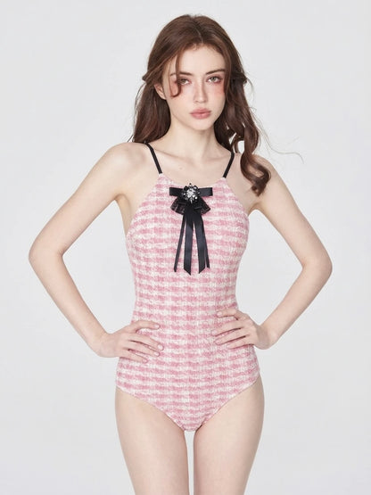 Pink Gingham Tweed One-Piece Swimsuit