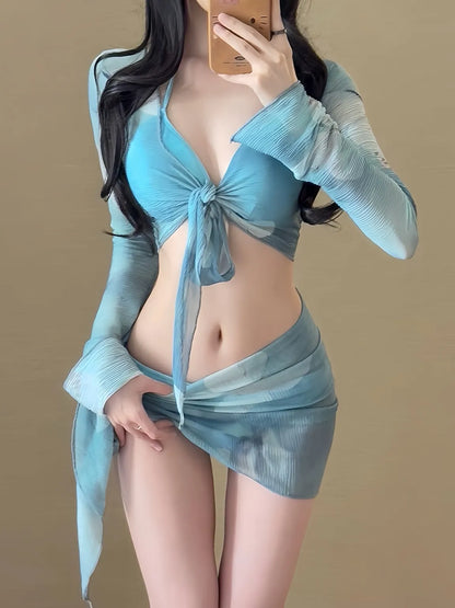 Aqua Dye Floral Print 4-Piece Triangle Bikini Set