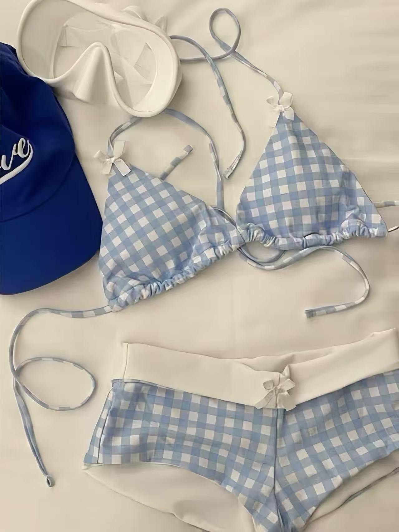 Blue Gingham Bowknot Halter Triangle Bikini Set