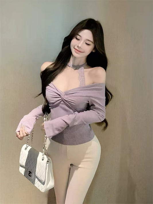 Lavender Off-Shoulder Twist Top with Lace Halter Detail