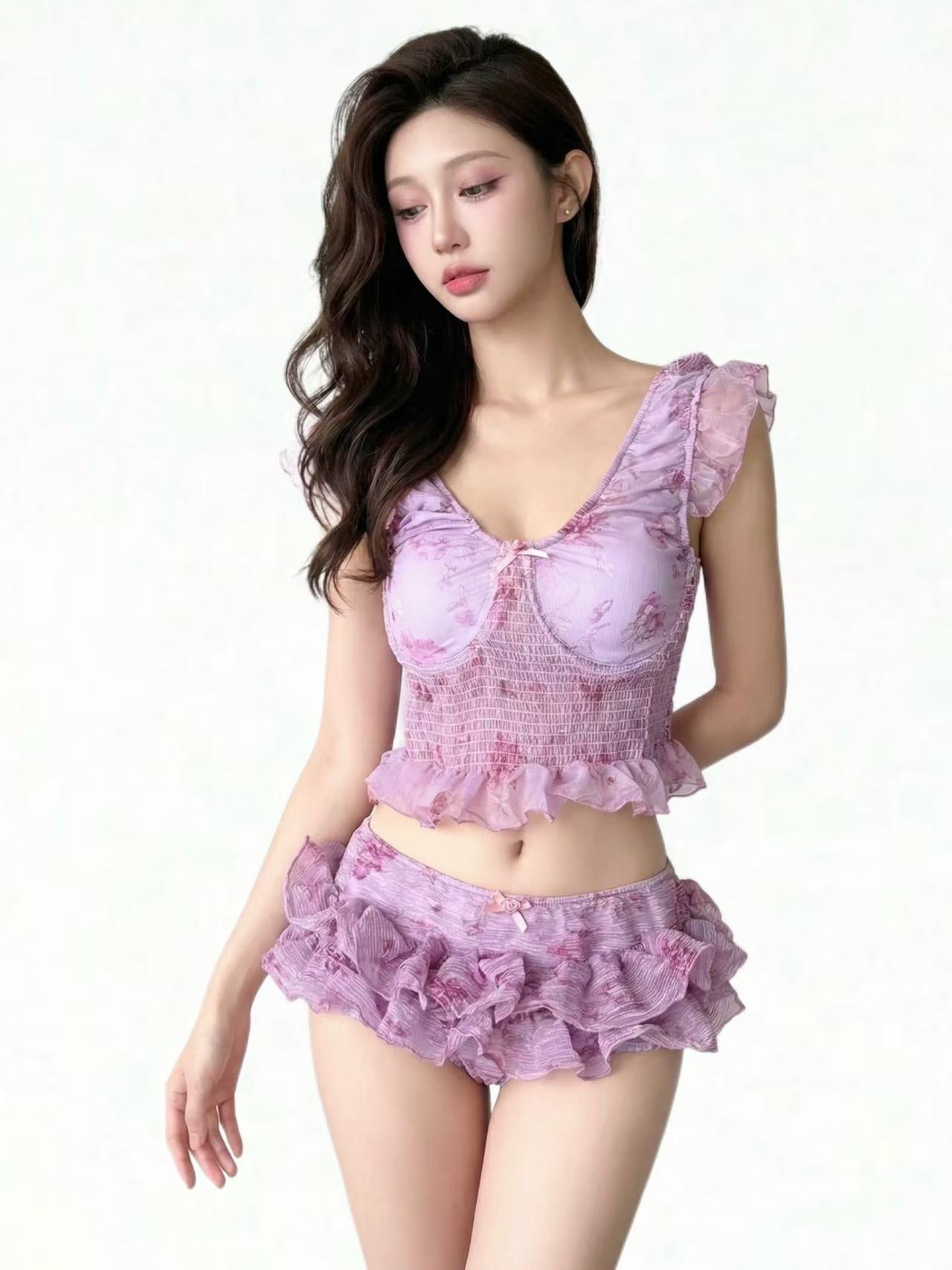 Lavender Purple Floral Print Tankini Set