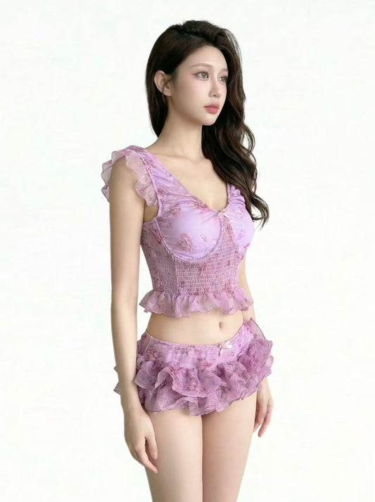 Lavender Purple Floral Print Tankini Set