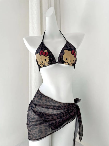 Kitty Leopard Print 3-Piece Bikini Set